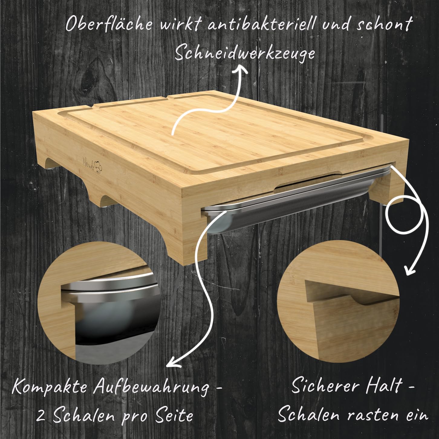 MARINDO Schneidebrett mit 4x Auffangschalen inkl. Saftrille | Schneidbrett aus Bambus | Auffangwannen aus Edelstahl | Servierbett in Holz Optik | Cutting Board inkl. Geschenkverpackung