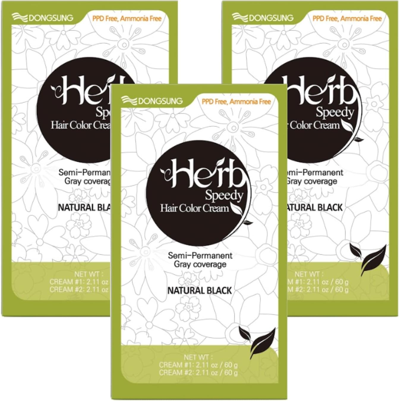 Dongsung Herb Speedy Color Cream (Natural Black, 3 Pack), PPD-Free Ammonia-Free Vegan Gray Coverage Hair Dye with Sun Protection, Odorless, Gentle for Sensitive Scalp, No Eye or Scalp Irritation