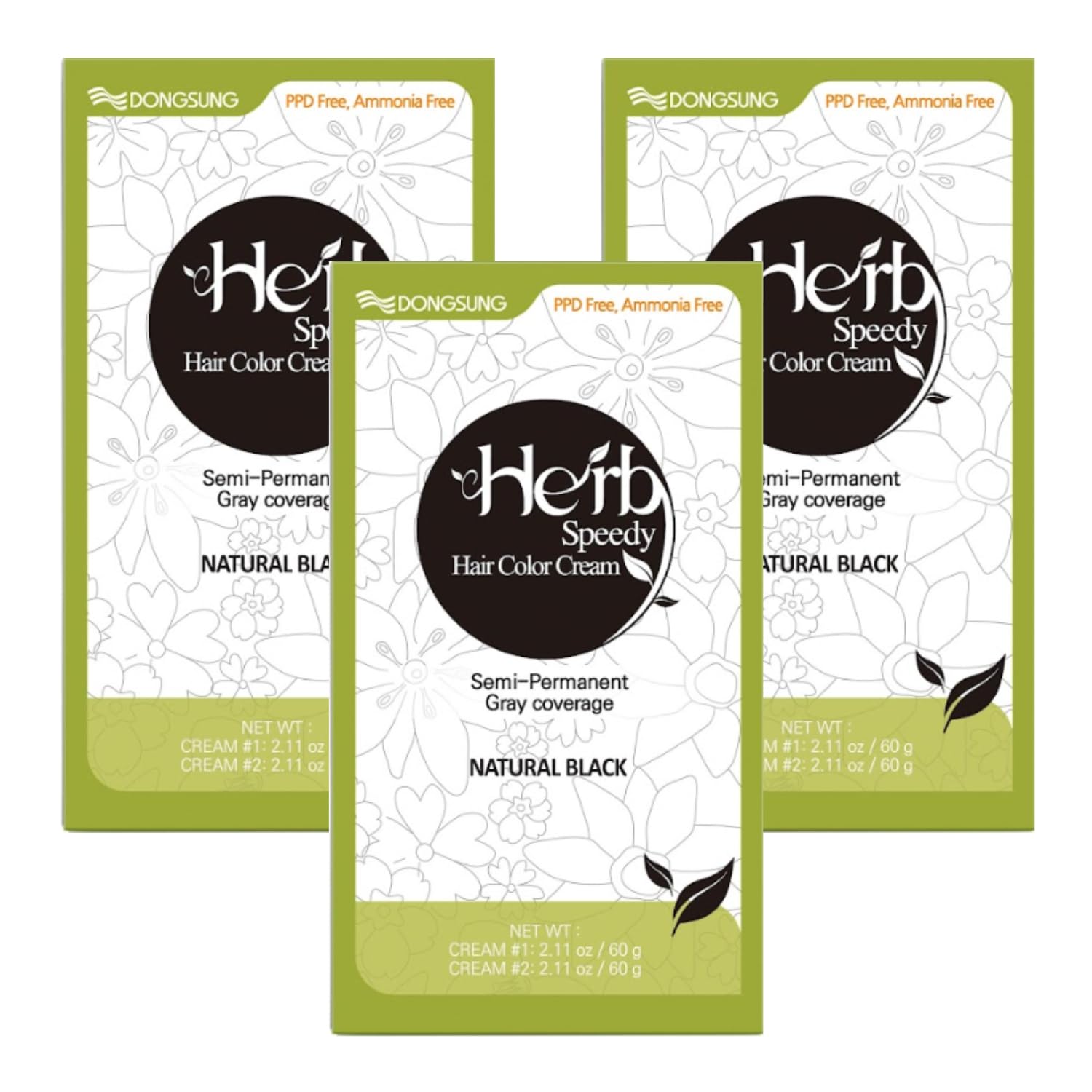 Dongsung Herb Speedy Color Cream 3 Pack, PPD Free, Ammonia Free, Vegan Hair Dye Contains Sun Protection Odorless No more Eye and/or Scalp Irritations From Coloring For Sensitive Scalp (Natural Black)