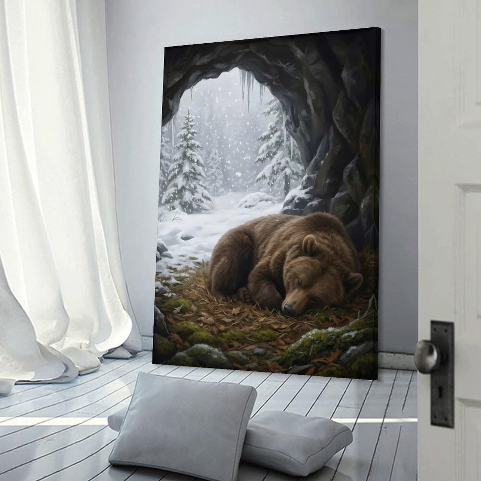 Junmoney Wall Picture Print Hibernating Bear in Snowy Cave, 20x30inch(50x75cm), for Living Room, Bedroom Or Apartment Walls, A Home Accent with Warm Character