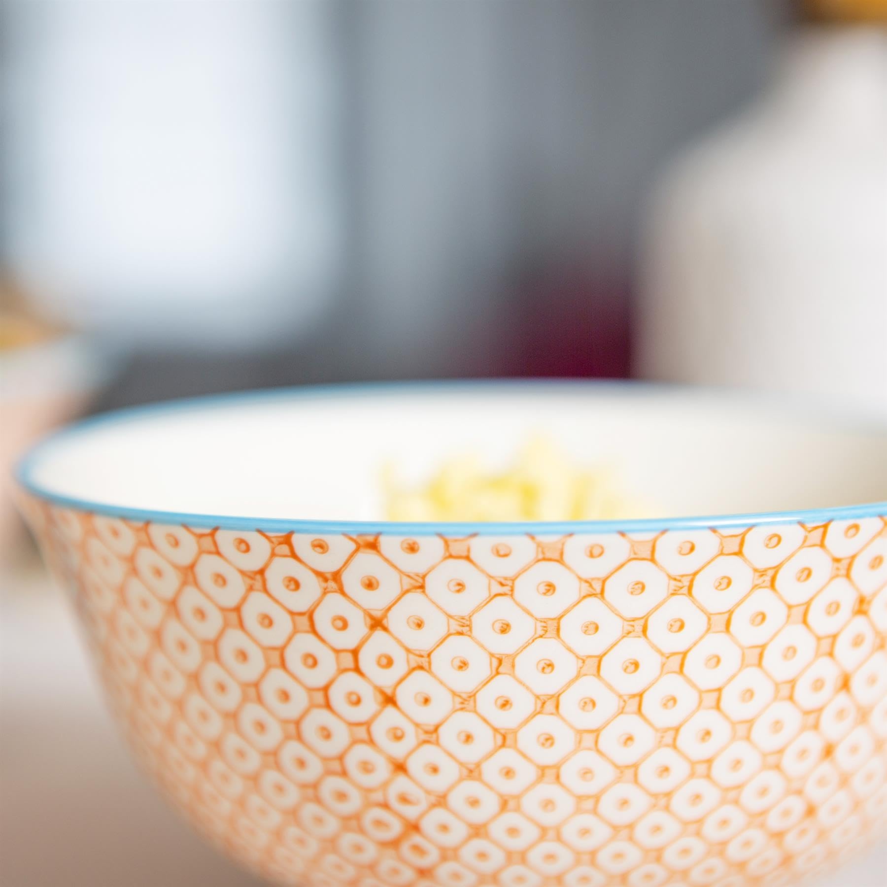 Nicola Spring Bols à Céréales à Motifs - Orange - 16 cm - Paquet de 6 - Bols de Service en Porcelaine de Style Japonais Imprimés à la Main pour Dessert, Pâtes, Céréales, Salade, Nouilles, Soupe