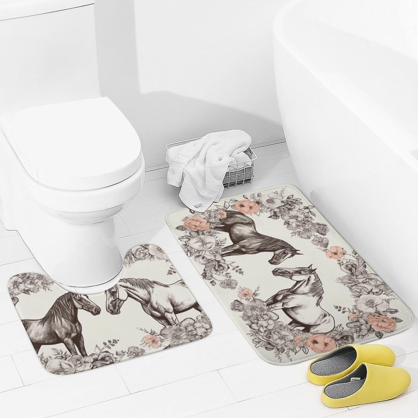 Tapis de bain absorbant en microfibre douce avec contour WC en U antidérapant imprimé
