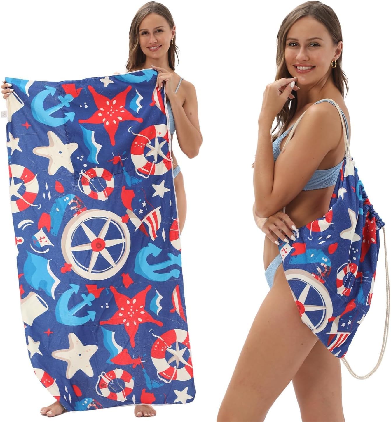 FWJZDSP 2 in 1 Packable Towel Bag for Women- Summer Tropical Beach Blanket Backpack Green Travel Picnic Towel for Family Holiday Camping (Anchor)