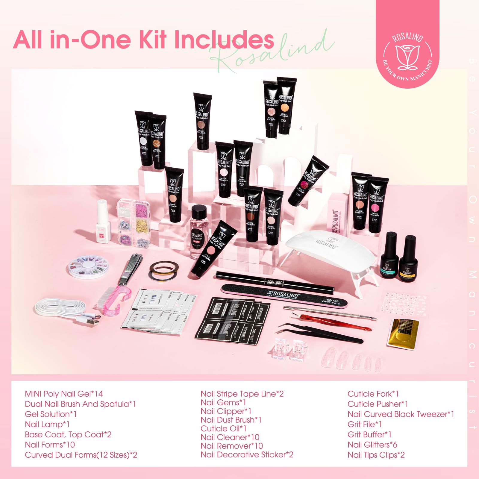 ROSALIND Kit Ricostruzione Unghie Gel Completo, Kit Unghie Gel Completo con Mini UV/LED Lampada, 14 Colori poligel per Unghie con Base y Top Coat per Principianti