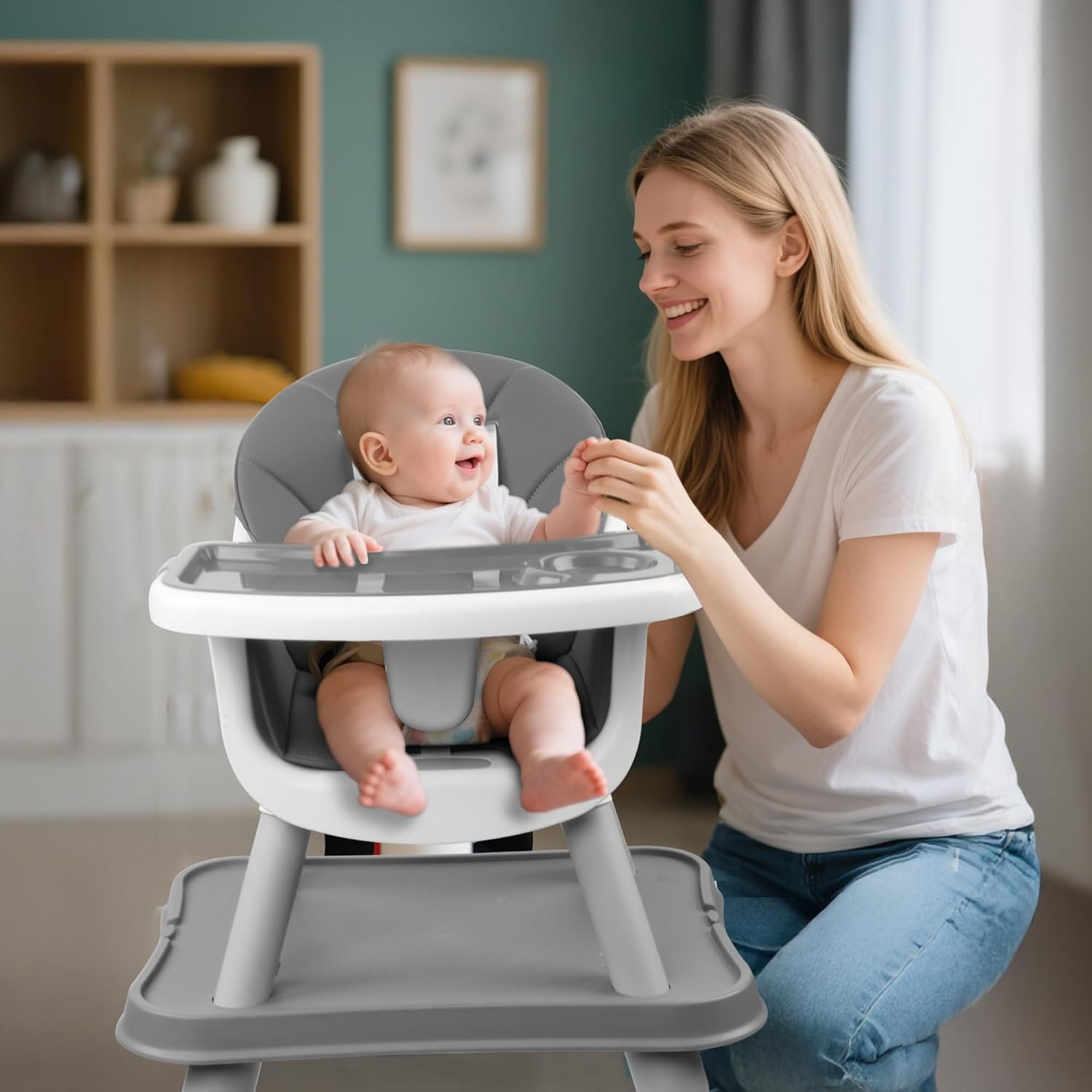 5 in 1 Baby High Chair, Toddler Chair with Removable Tray, Convertible High Chairs for Babies and Toddlers, Kids Learning Table, Building Block Table, Dining Booster Seat with Safety Harness, Gray