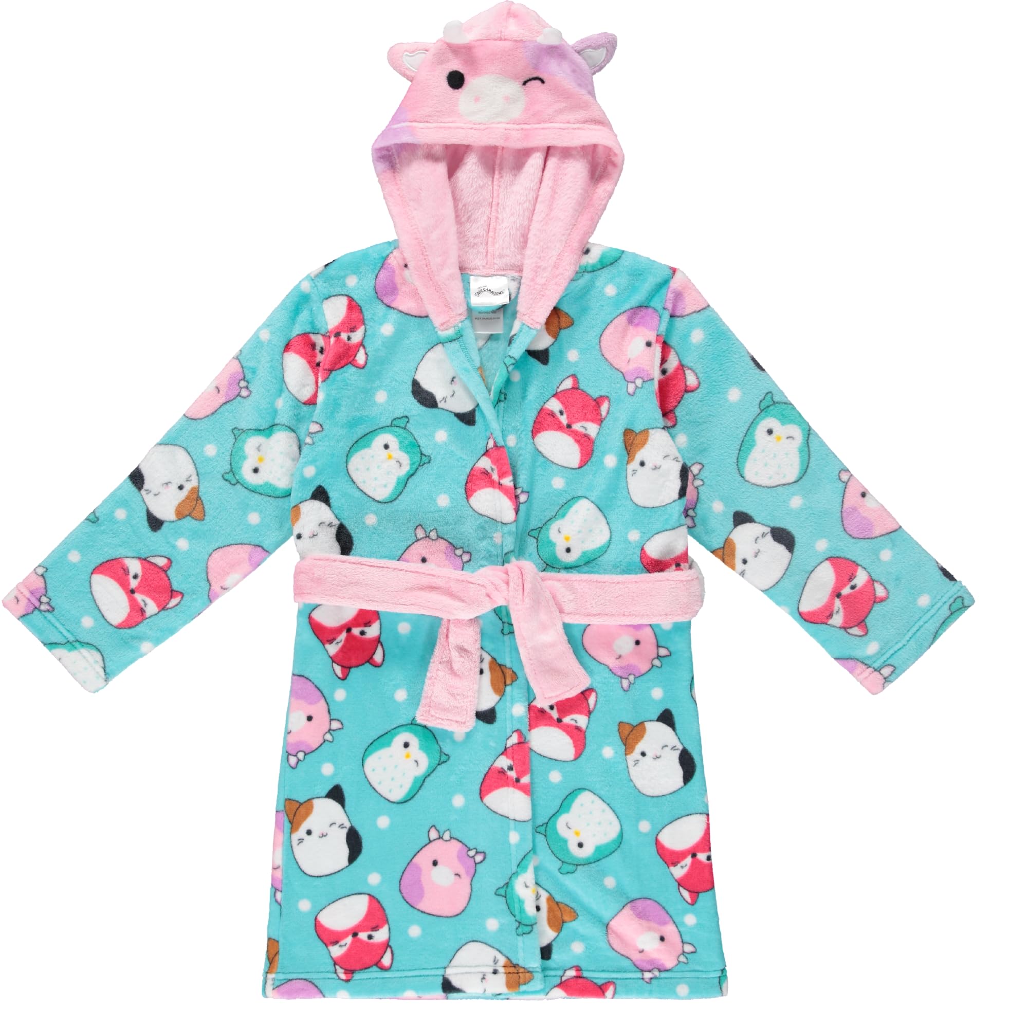 Squishmallows Girls Fleece Kids Hooded Robe - Super Soft Plush Kids Spa Bathrobe with Pockets, Sizes 6-12 - Official Product