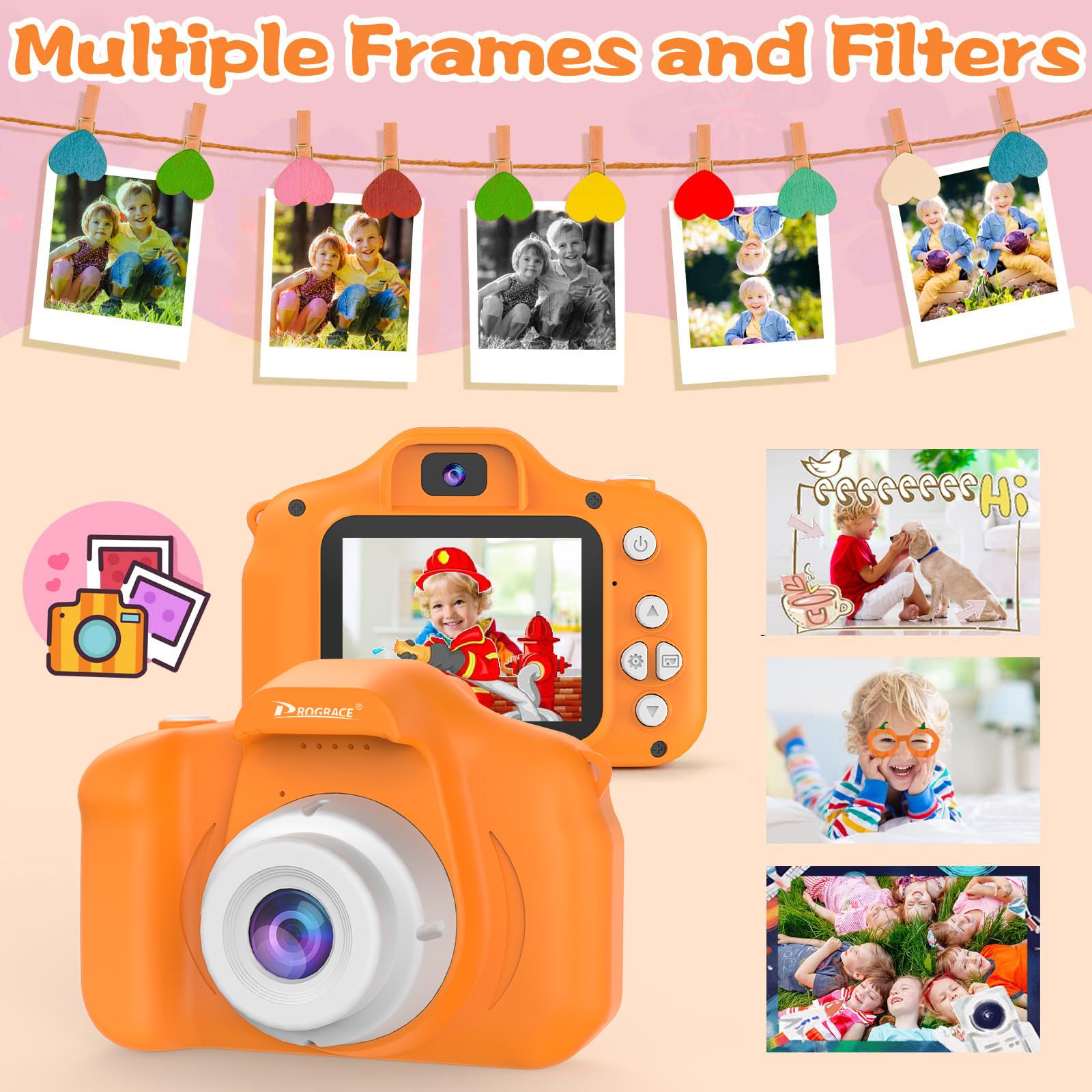 Cámara naranja para niños, cumpleaños para niñas y niños de 3 a 12 años, cámara de video digital HD para niños pequeños, pantalla IPS HD, juguete portátil con tarjeta SD de 32 GB 6