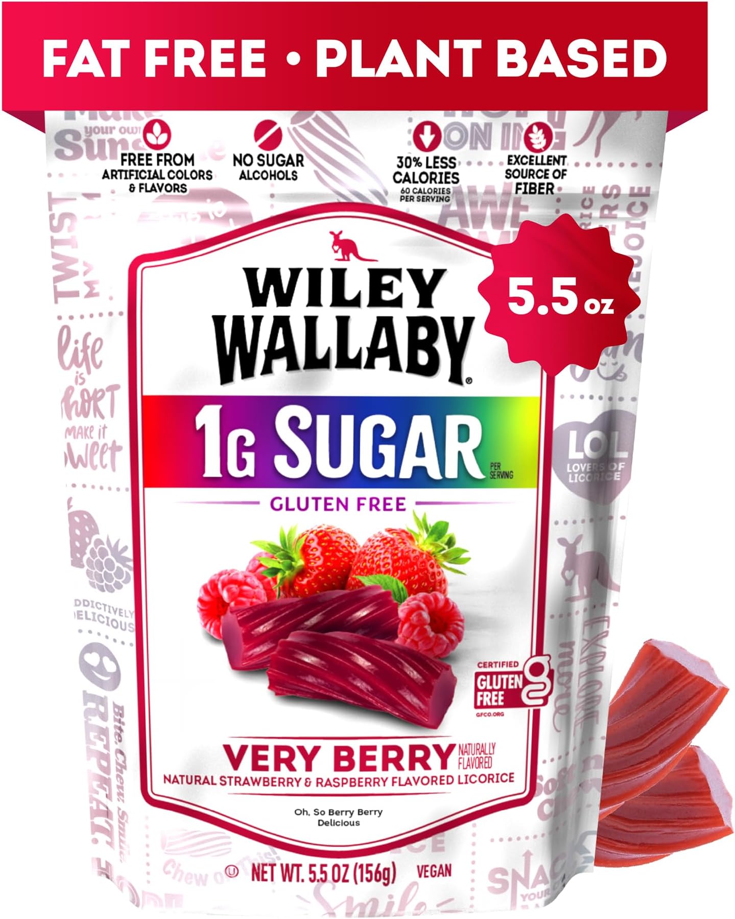 Wiley Wallaby 5.5 Ounce Very Berry Low Sugar Gluten Free Gourmet Australian Style Soft & Chewy Licorice Candy Twists (5.5 Ounce (Pack of 1))