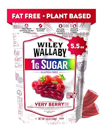 Wiley Wallaby Low Sugar Gluten Free Very Berry Licorice Candy, 5.5oz, 1Pk | Australian-Style Soft Chewy Twists, Sweetened with Allulose & Stevia, 1g Sugar Per Serving, No High Fructose Corn Syrup