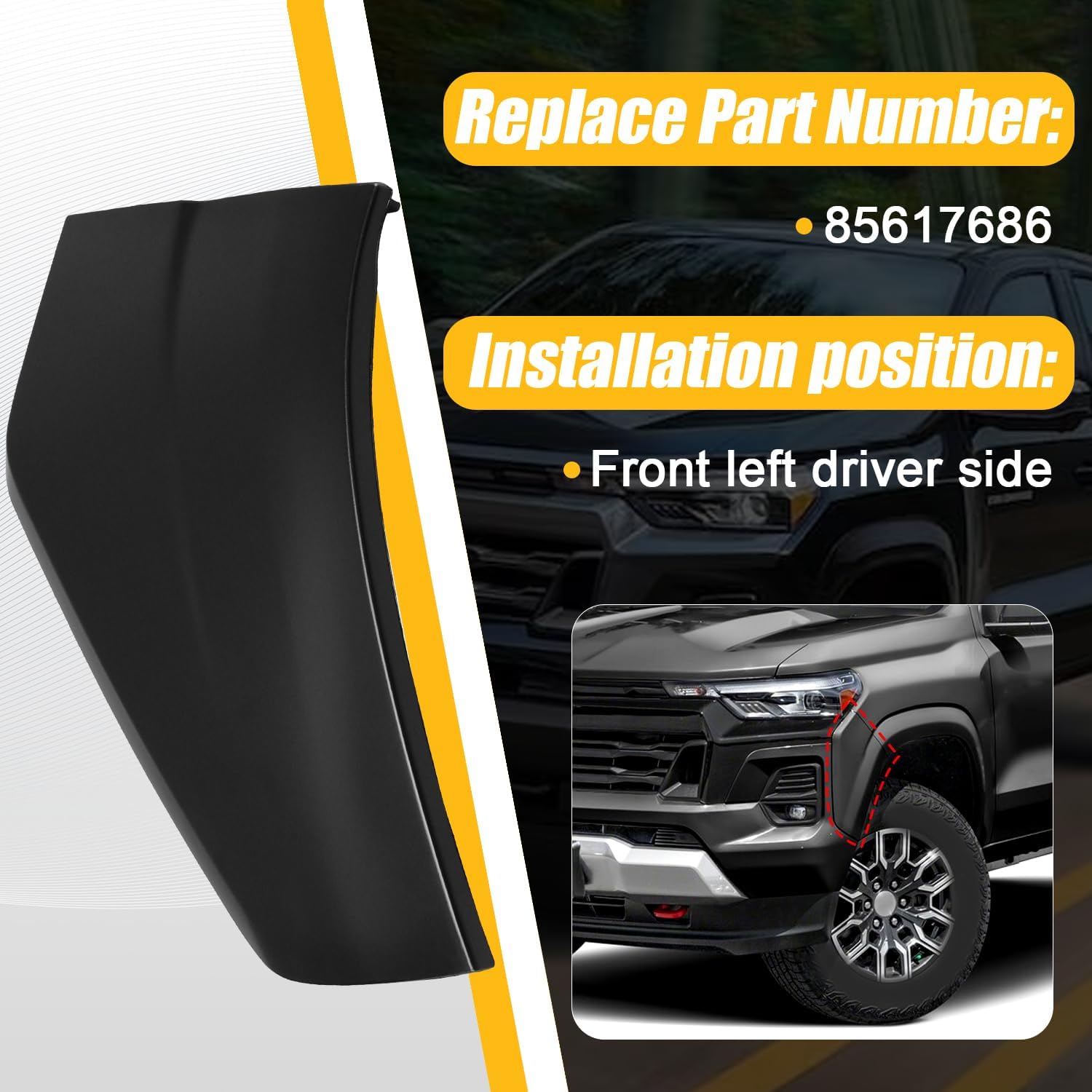 85617686 Front Left Bumper Fascia Compatible with Chevy Colorado 2.7L 2023 2024 Bumper Upper Wrap Corner Front Left Driver Side