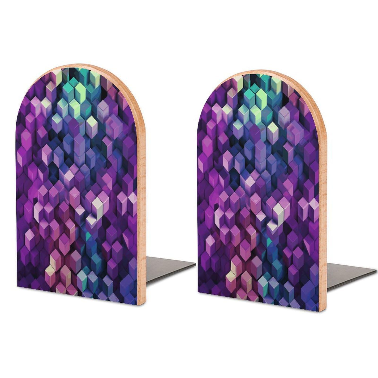 Abstract Color Cubes Purple Bookends for Shelves Non Skid Book Stoppers Universal Economy Bookend Heavy Duty Wood Book End Decorative Book Shelf Holder for Home Office Desk 1 Pair