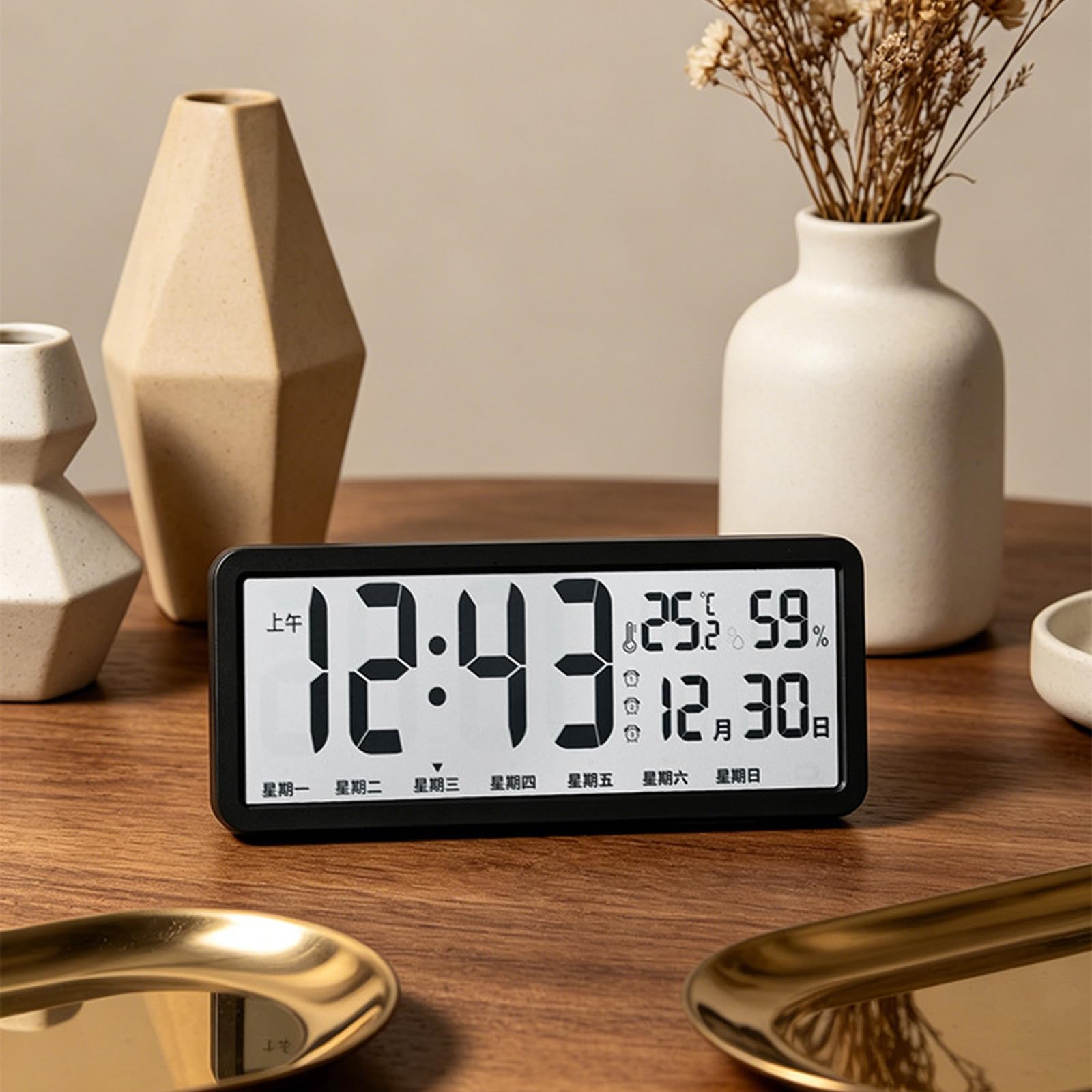 Horloge numérique à grand écran avec heure, date, température et humidité, alimentée par batterie, pour la maison, la chambre à coucher, horloge murale électrique, réveil numérique LED, affichage du
