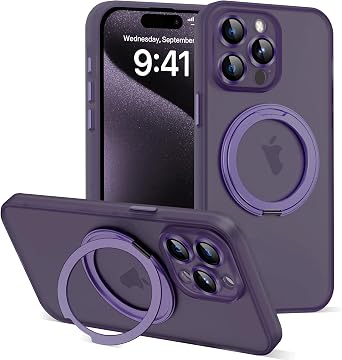 Compatible with iPhone 15 Pro Case 6.1"[Full Camera Lens Protection][Compatible with Mag-Safe][360Rotatable Magnetic Ring Stand] Translucent Protective Case for iPhone 15 Pro,Purple