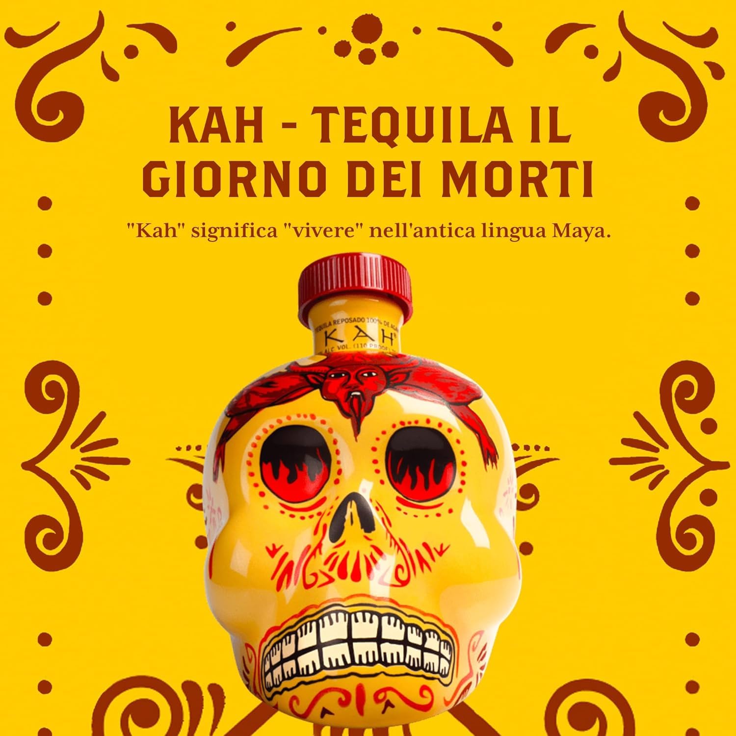 KAH Tequila Reposado - Bottiglia Decorata Giorno dei Morti - 100% Agave Blu - Doppia Distillazione e Invecchiato in Botte di Quercia - 40% vol 70 cl (700 ml / 0,7 Litri)