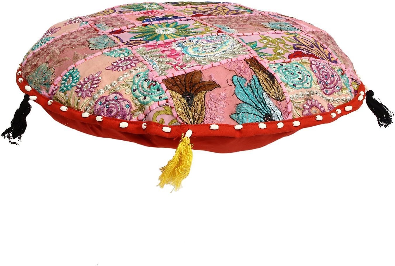 Sophia Art Round Floor Pillow Cushion Patchwork Pouf Ottoman Vintage Indian Foot Stool Bean Bag Floor Pillow Cover Home Decor Living Room Ottoman Bohemain Pillows (Red, 32 Inch)