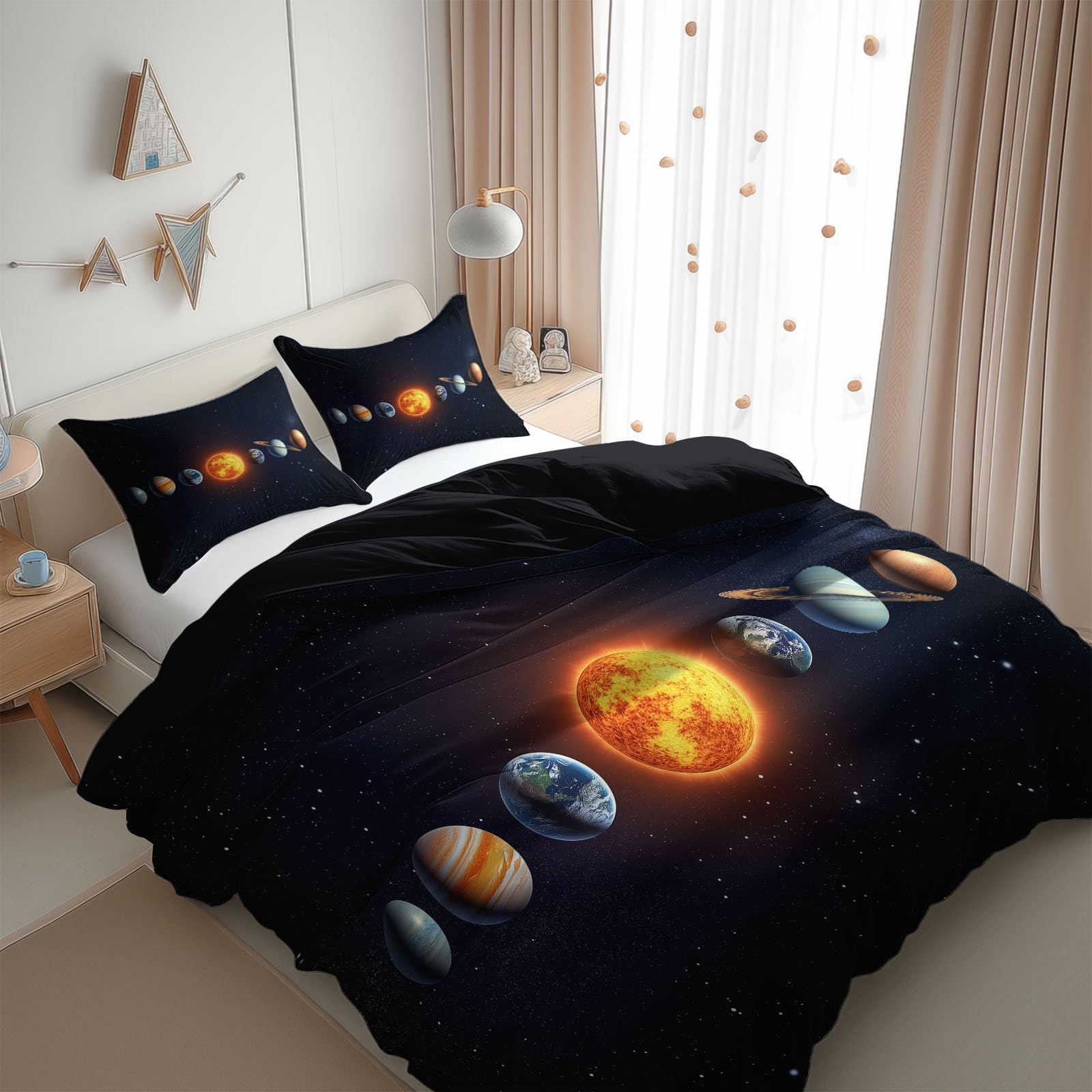 Midnight Blue Bedding Sets Solar System Planets Print Duvet Cover Set, Comforter Cover Full Size Soft Breathable Reversible 3-Piece Bedding for Kids Teens