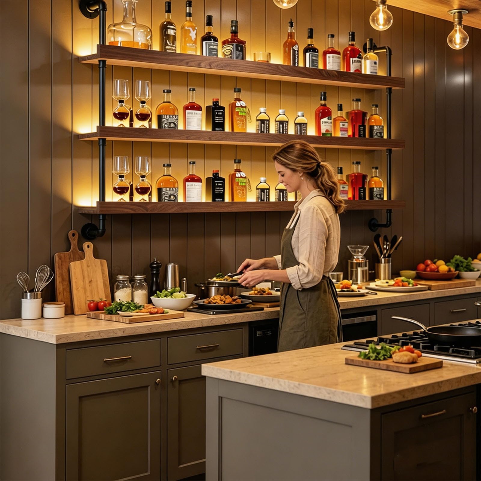 Portabottiglie da Parete con Luci a LED, Ripiani Espositivi Galleggianti in Ferro e Legno a 2 o 3 Livelli per Liquori, Portabottiglie da Parete Industriale, per Bar e Cucina (Noce, 3-125CM)