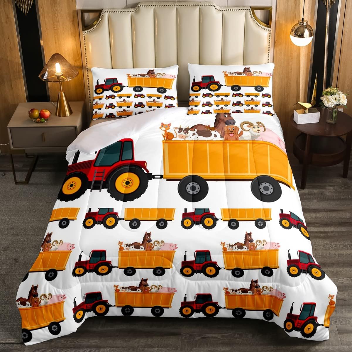 Cartoon Vehicles Truck Car Print Comforter Set Red Yellow Farm Tractor Bedding Set Cartoon Car Animals Comforter for Kids Boys Girls Duvet Set Room Decor Quilt Full Size Boys Multi 14 Full