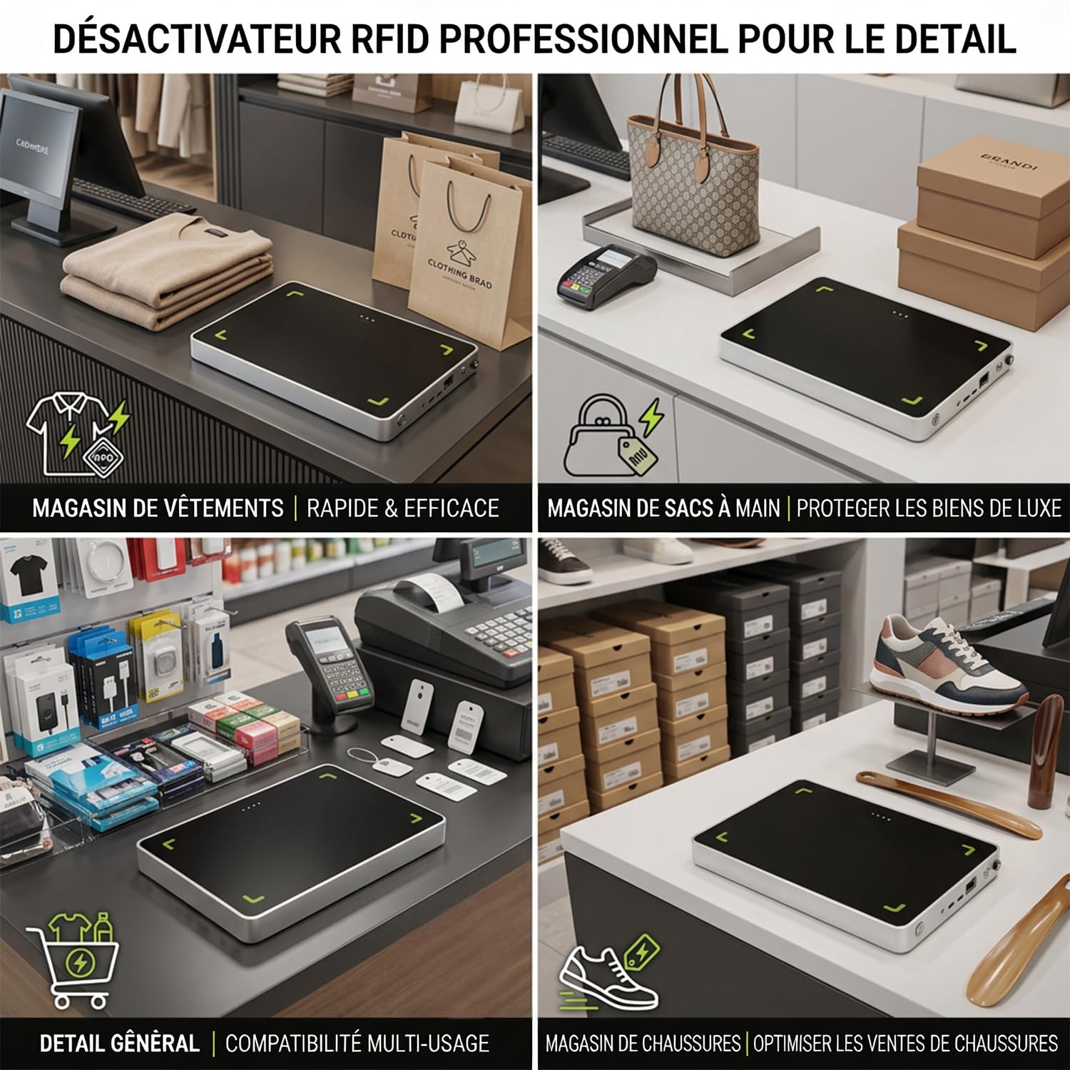 Désactivateur Antivol RFID, 860–960 MHz Désactivation en Caisse des Étiquettes Antivol, Appareil de Neutralisation Rapide pour Magasin, Boutique et Commerce de Détail