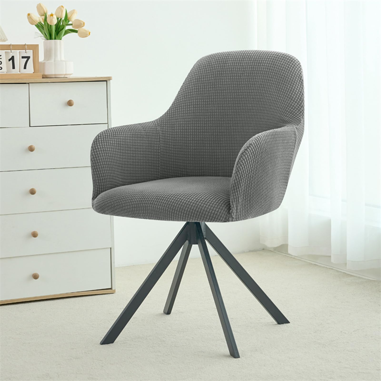 Stuhlhussen mit Armlehne, Stuhlhussens mit Gebogener Rückenlehne für Esszimmerstühle, Jacquard, für Esszimmer Hotel Wohnzimmer Hochzeit Deko (Dunkelgrau,4PC)