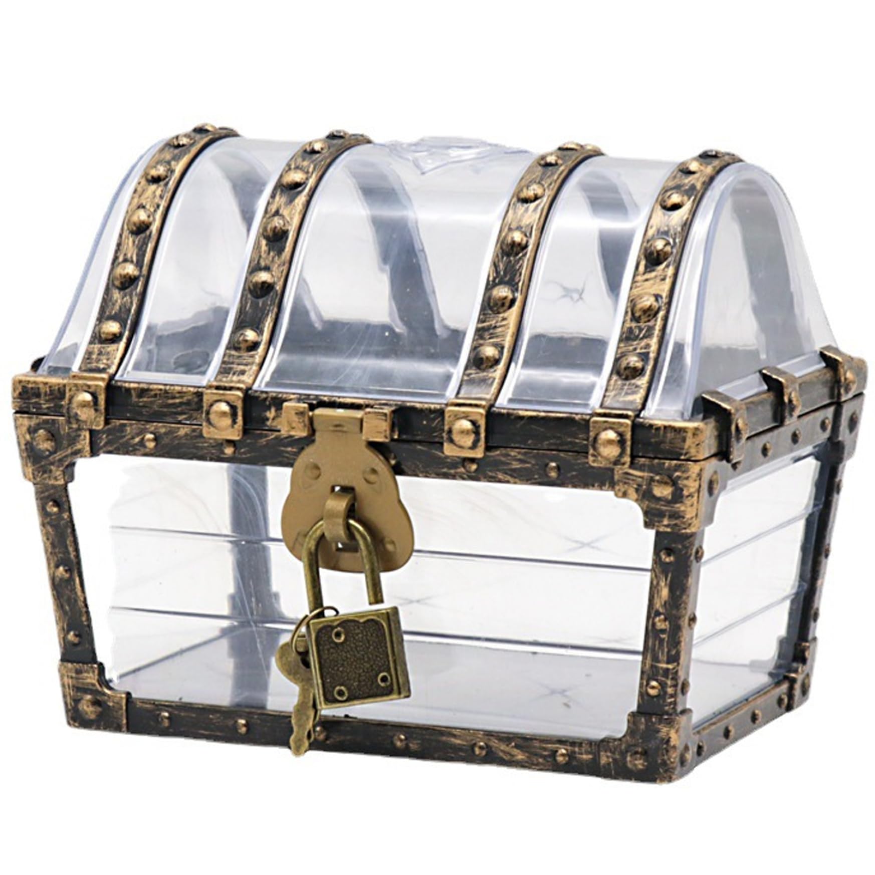 Hperu Treasure Box,Clear Lock Box, 5.5x4x4.3 Plastic Treasure Chest with Lock, Vintage Treasure Box Pirate Jewelry Chest Gemstone Crystal Storage Box Toys for Children Girls Boys