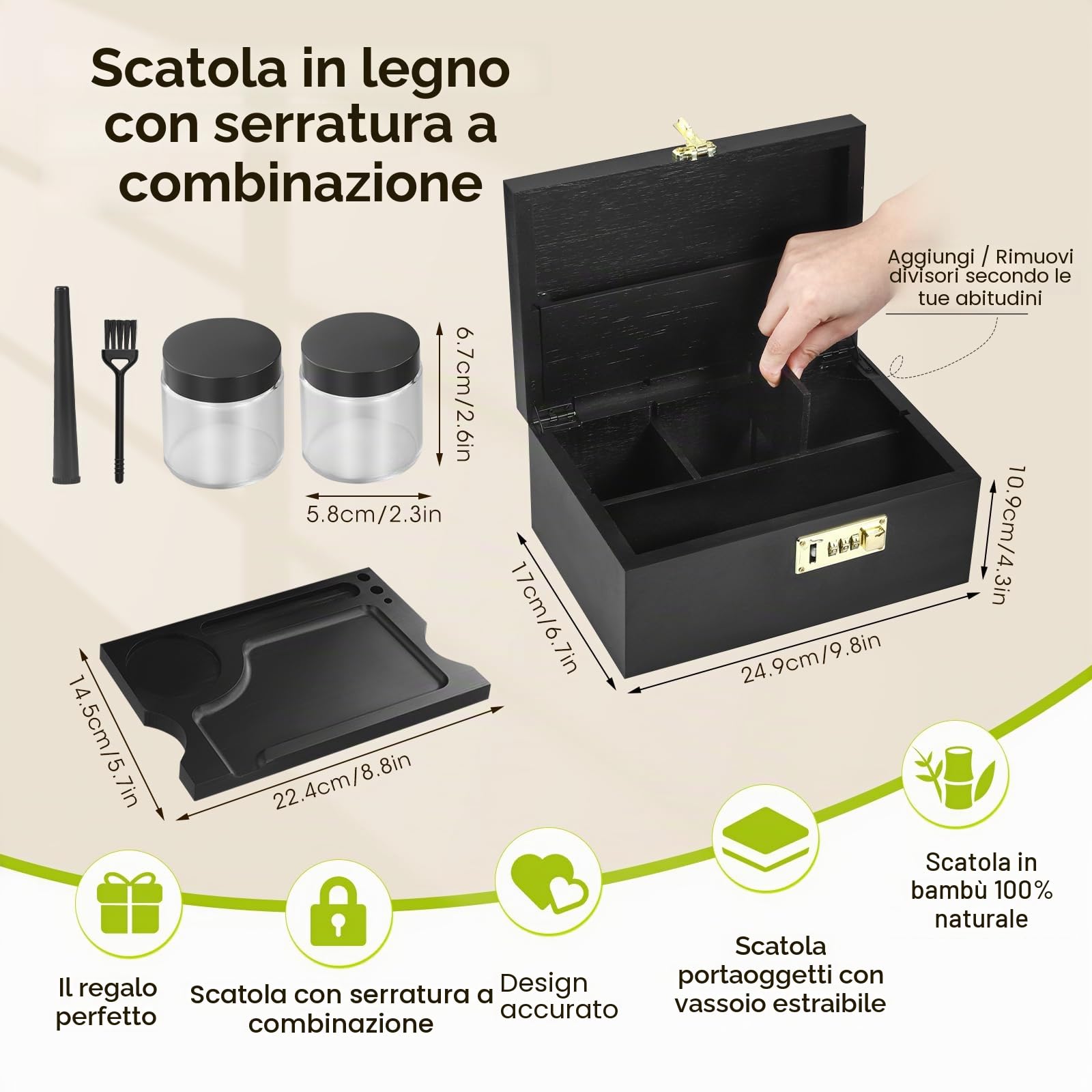 Scatola Grande in Bambù con Vassoio Scorrevole per Rollare, Scatola Portaoggetti Decorativa Multifunzionale, Set regalo di immagazzinaggio con Barattoli di Vetro e Spazzola per Pulizia (nero)