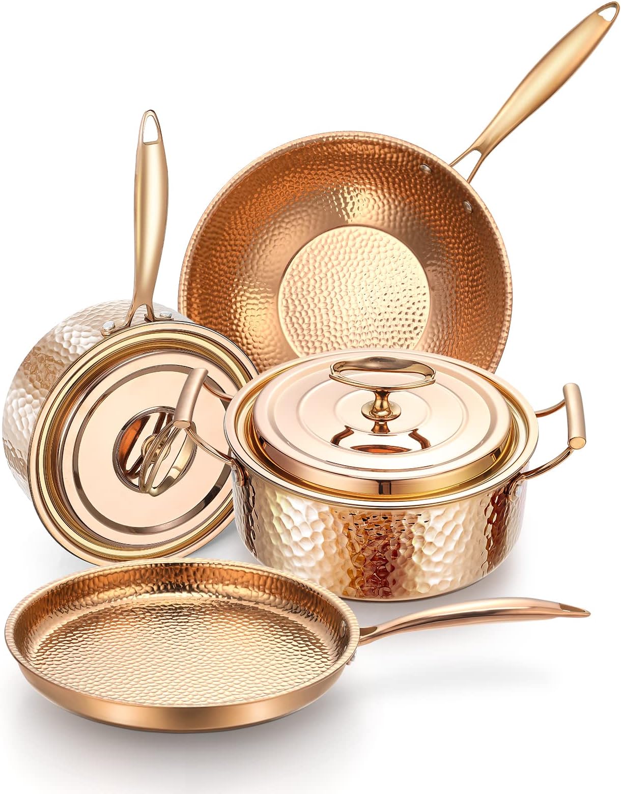DAEDALUS Copper Pots and Pans Set, 8 Piece Cookware Set with Tri Ply Stainless Steel, Hammered Copper Cookware Compatible with All Stovetops Stylish Kitchen Pans Set