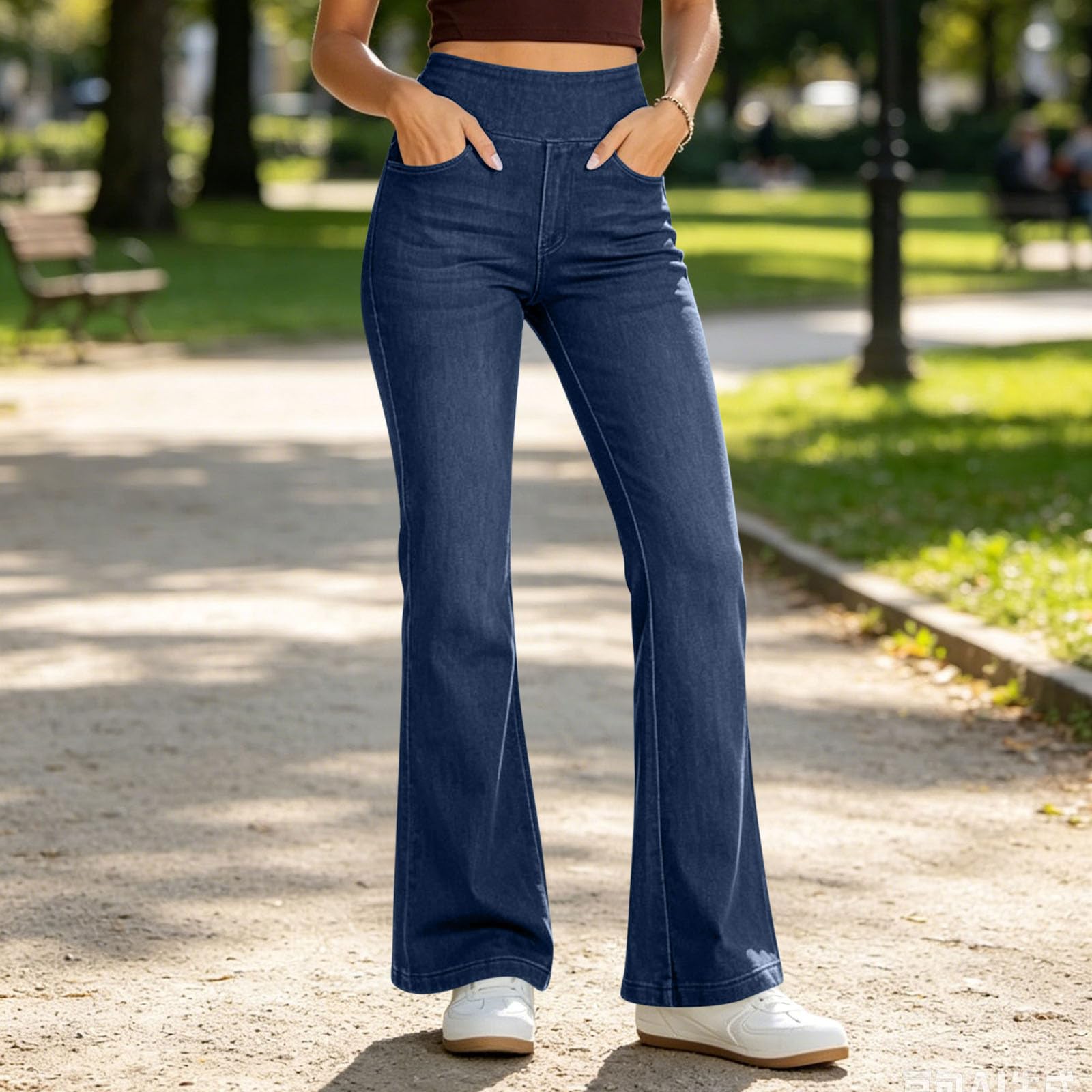 Générique Pantalon De Jean Évasé pour Femme avec Taille Haute Élastique Et Poches - Pantalons Style Rétro À Coupe Cloche, Idéal comme Pantalon Décontracté pour Le Quotidien Et Le Week-End.