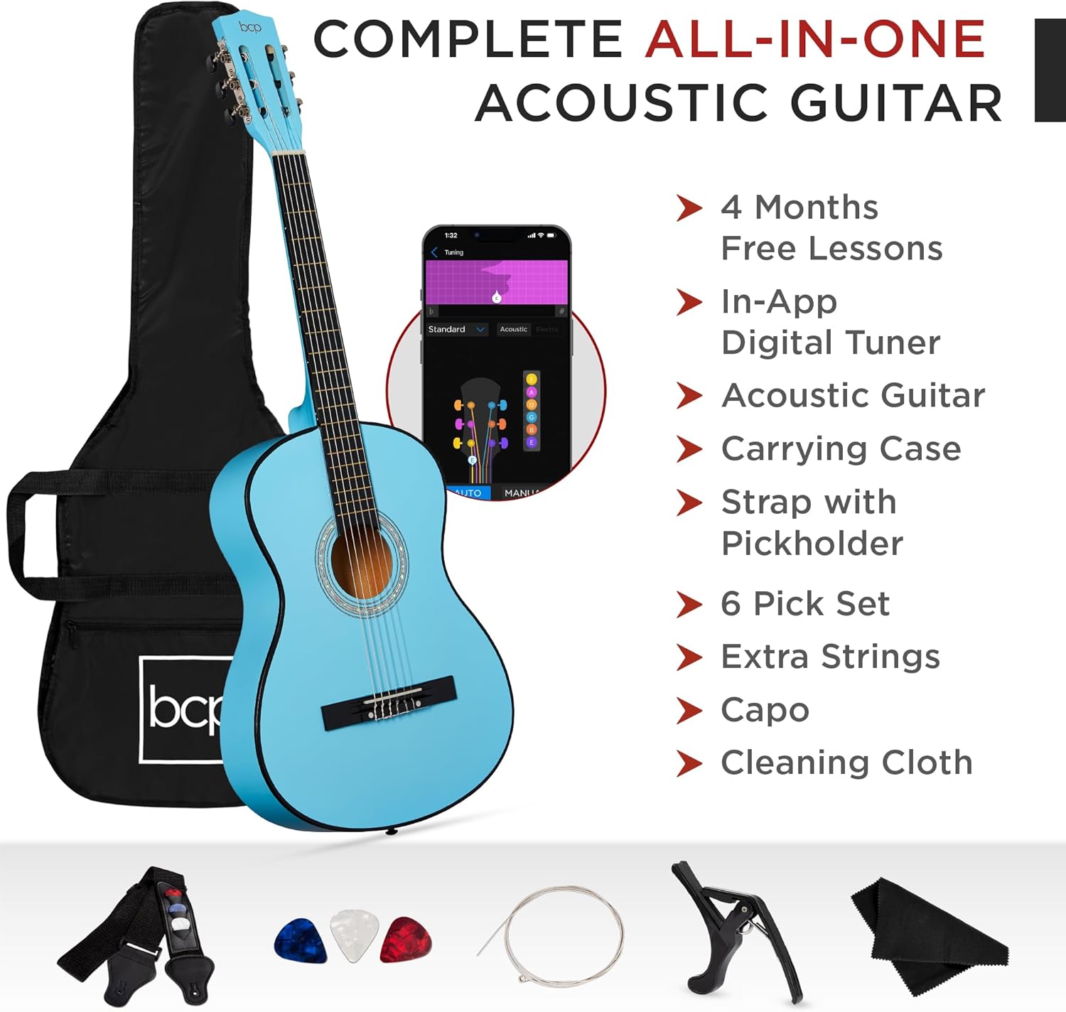 Best Choice Products 38in Beginner All Wood Acoustic Guitar Starter Kit w/Gig Bag, 6 Picks, Nylon Strings, Strap w/Pick Holder - Light Blue