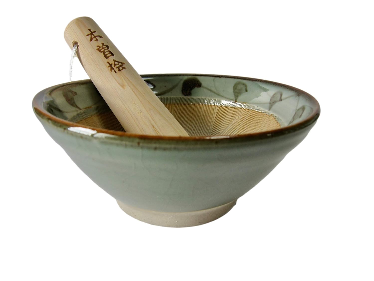 Made in Japan Mortar and Pestle (Suribachi and Surikogi) Set Authentic Mino Ware Pottery Small 5.98 inches Pale Blue-Green with Arabesque Pattern M882-50