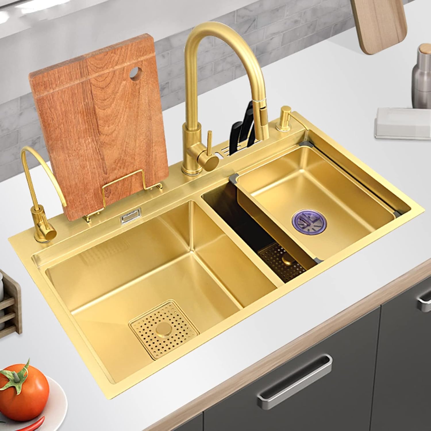 INGVY Double Bowl Kitchen Sink, Builtin Kitchen Sink, Gold Kitchen