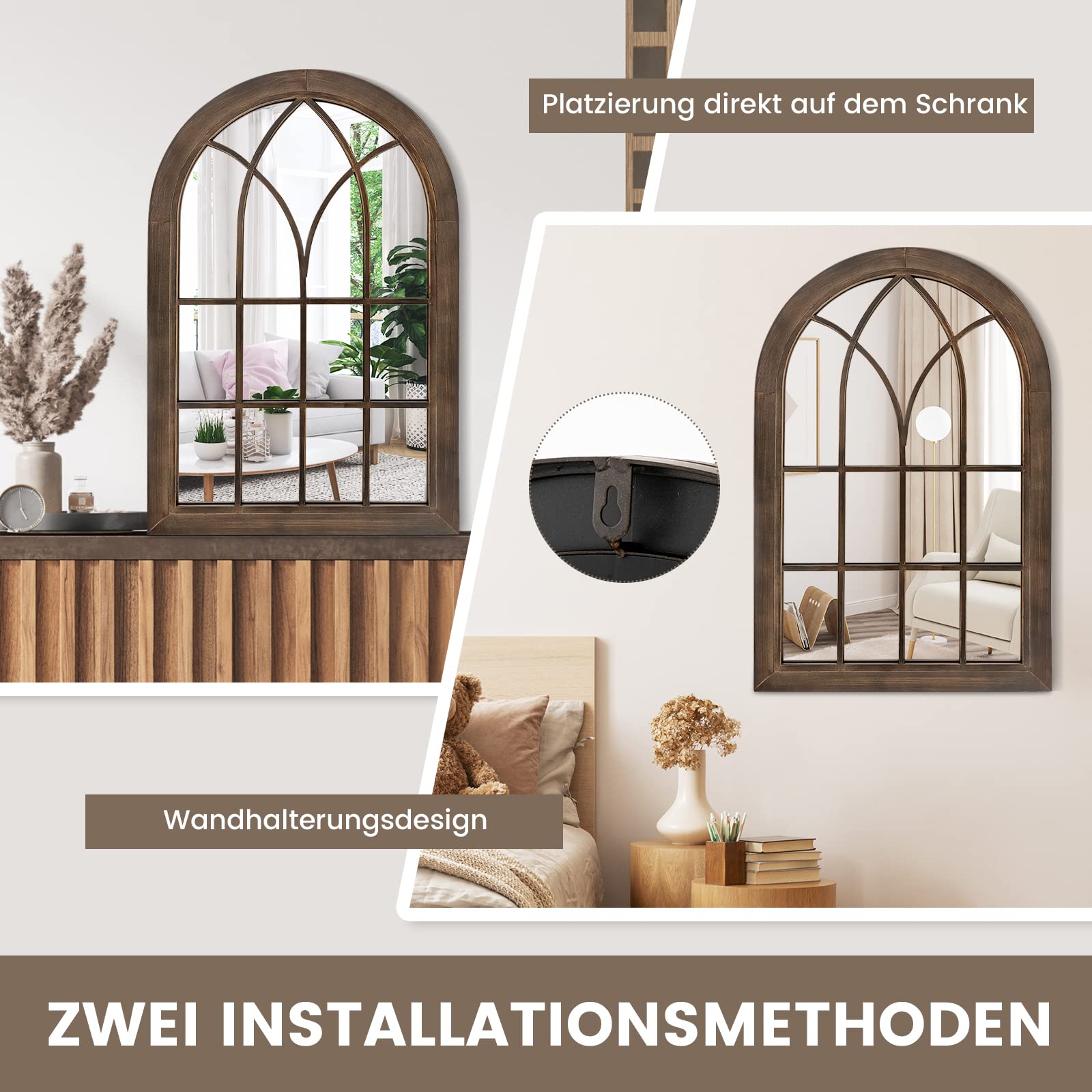 COSTWAY Wandspiegel met raamlook, boogspiegel vintage, 50 x 76 cm, raamspiegel, decoratieve hangspiegel voor hal, slaapkamer, woonkamer, metalen frame, rustiek bruin