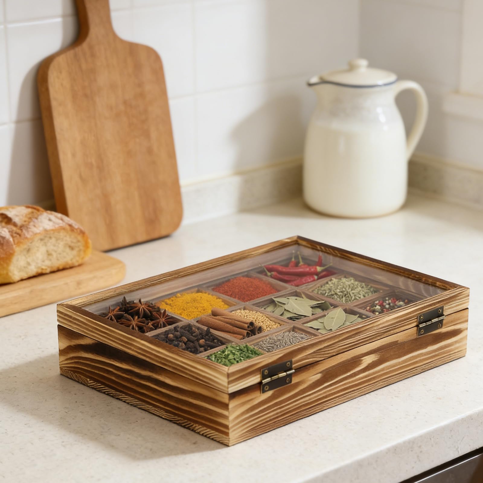 Boîte à épices en bois avec 12 récipients et cuillère pour cuisine