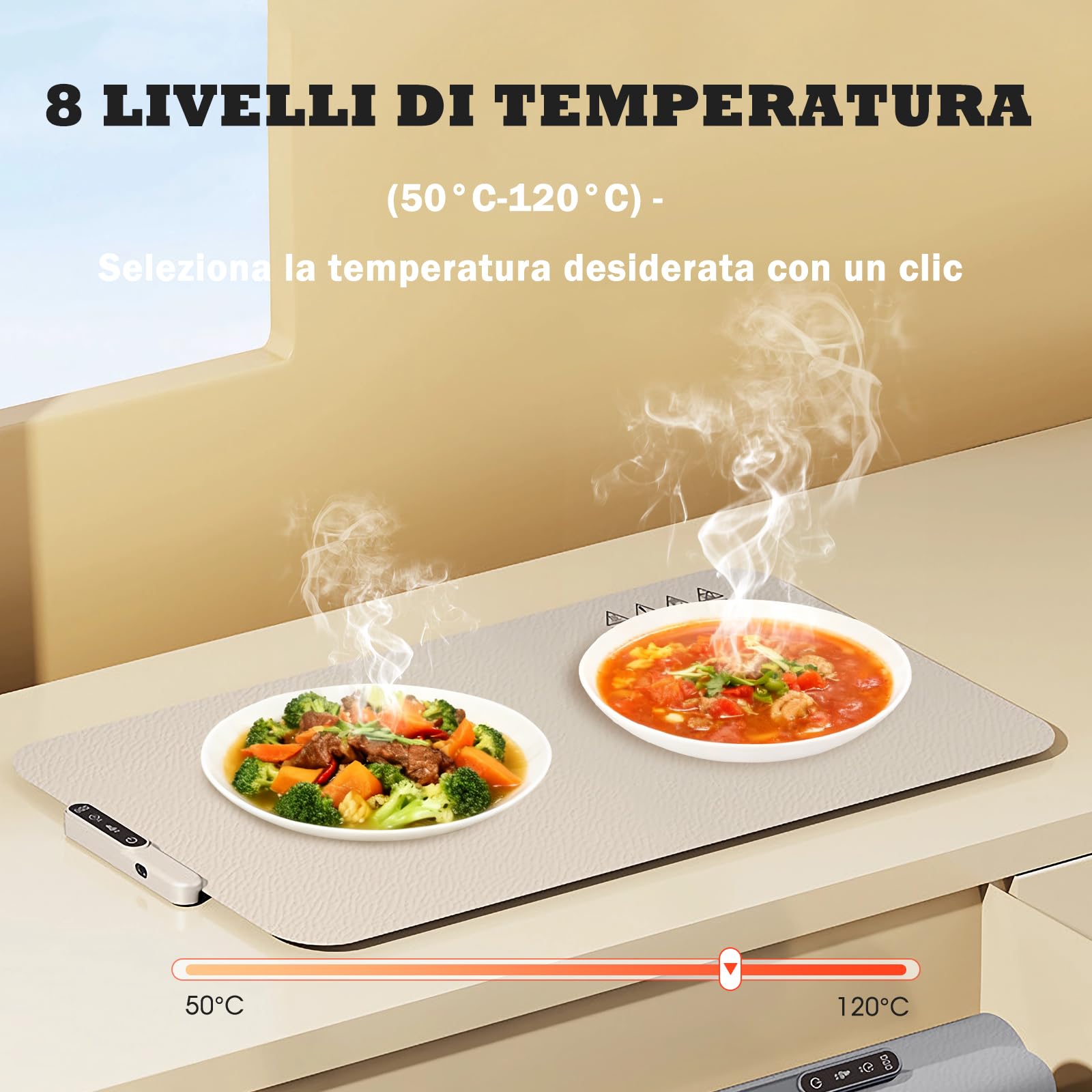 Vassoio Riscaldante Elettrico, Tappetino Elettrico Scaldavivande per Alimenti a Superficie Intera, 8 Livelli Temp, 50~120°C Regolabili, portatile e pieghevole in nanosilicone per mantenere in caldo