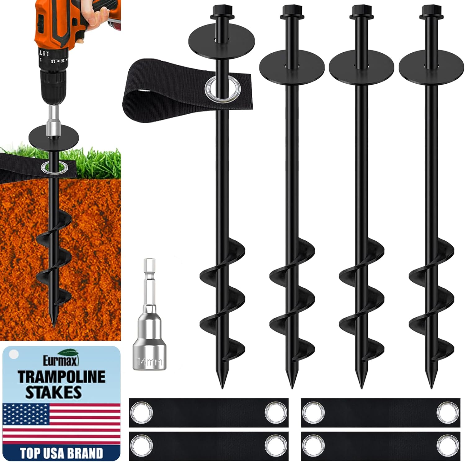 Eurmax USA Ground Anchors Screw in Trampoline Anchors High Wind Tent Stakes Heavy Duty Ground Stakes Trampoline Stakes Anchor Kit Set of 4 Bonus 4 Strong Belt (Black)