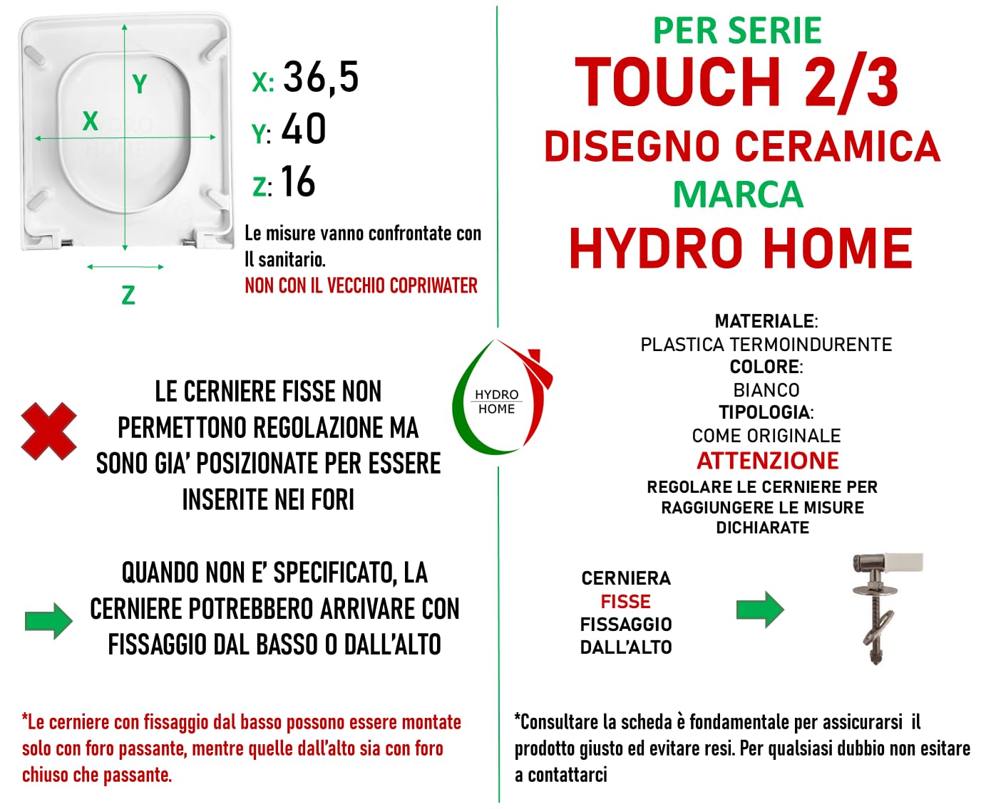 Copriwater Sedile Wc TOUCH 2 E TOUCH 3 DISEGNO CERAMICA Come Originale, In Plastica Termoindurente Avvolgente,Colore Bianco MADE IN ITALY