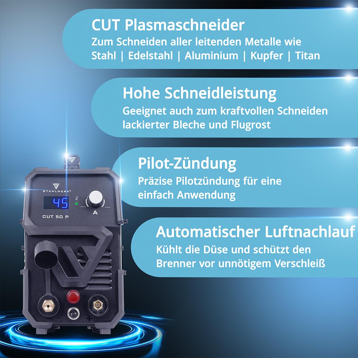 STAHLWERK Plasmaschneider CUT 50 P – Plasmaschneidgerät mit 15 bis 45 A, Schneidleistung bis 15 mm, Plasma Cutter mit HF-Pilotzündung, Smart-Kühlung, einfache Bedienung mit viel Zubehör