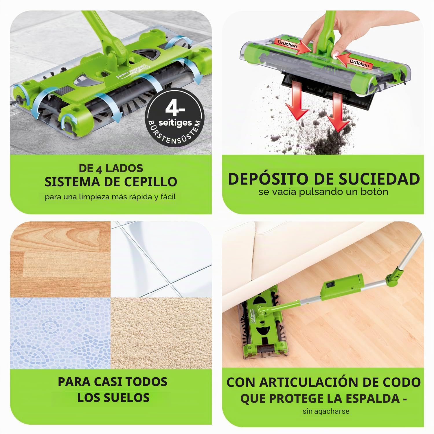 Escoba giratoria con batería + batería adicional – Fácil recogida de migajas – Inalámbrico, sin bolsa y recargable – Cepillo de suelo con articulación ergonómica y rotación de 360° – Máxima