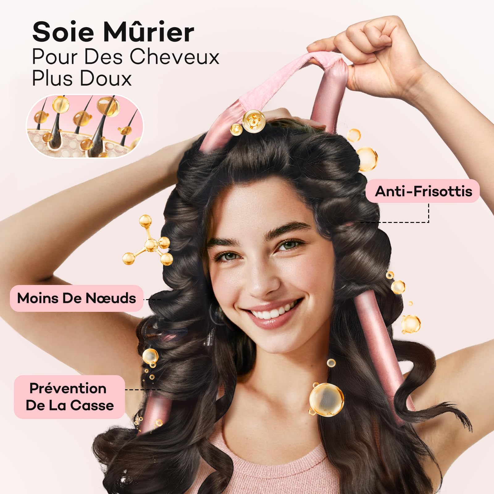 Umisleep Tresseur Sans Chaleur,Set de Boucles en Soie Protège les Cheveux,Tresseur de Boucles 99cm pour la Nuit,Bande DIY pour Boucles Sans Chaleur pour Cheveux Longs (Rose)