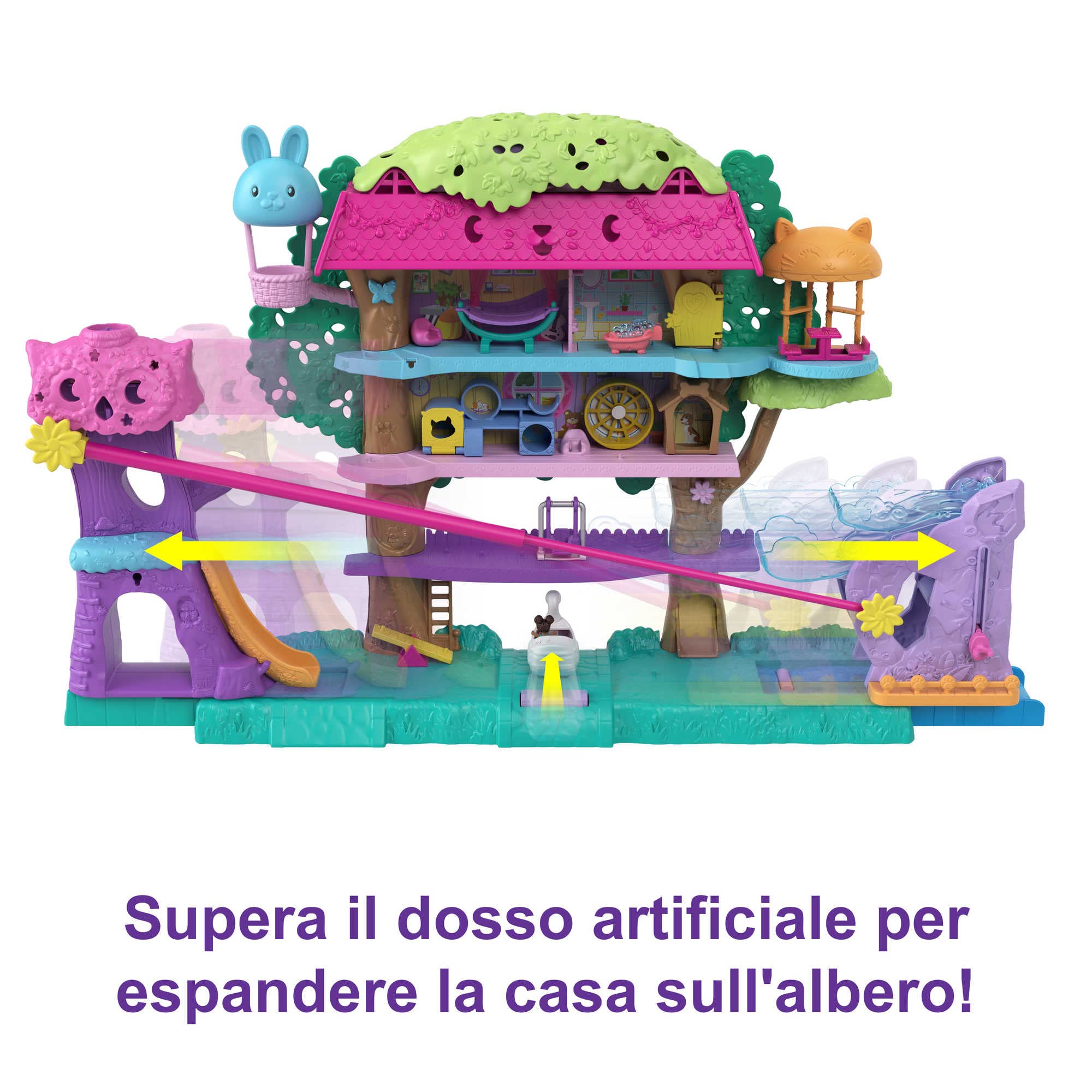 Polly Pocket Pollyville - Casa sull'Albero dei Cuccioli, playset a 5 piani, oltre 15 pezzi gioco: 2 bambole, veicolo, 4 animali, Giocattolo e regalo per Bambini 4+ Anni, HJJ98
