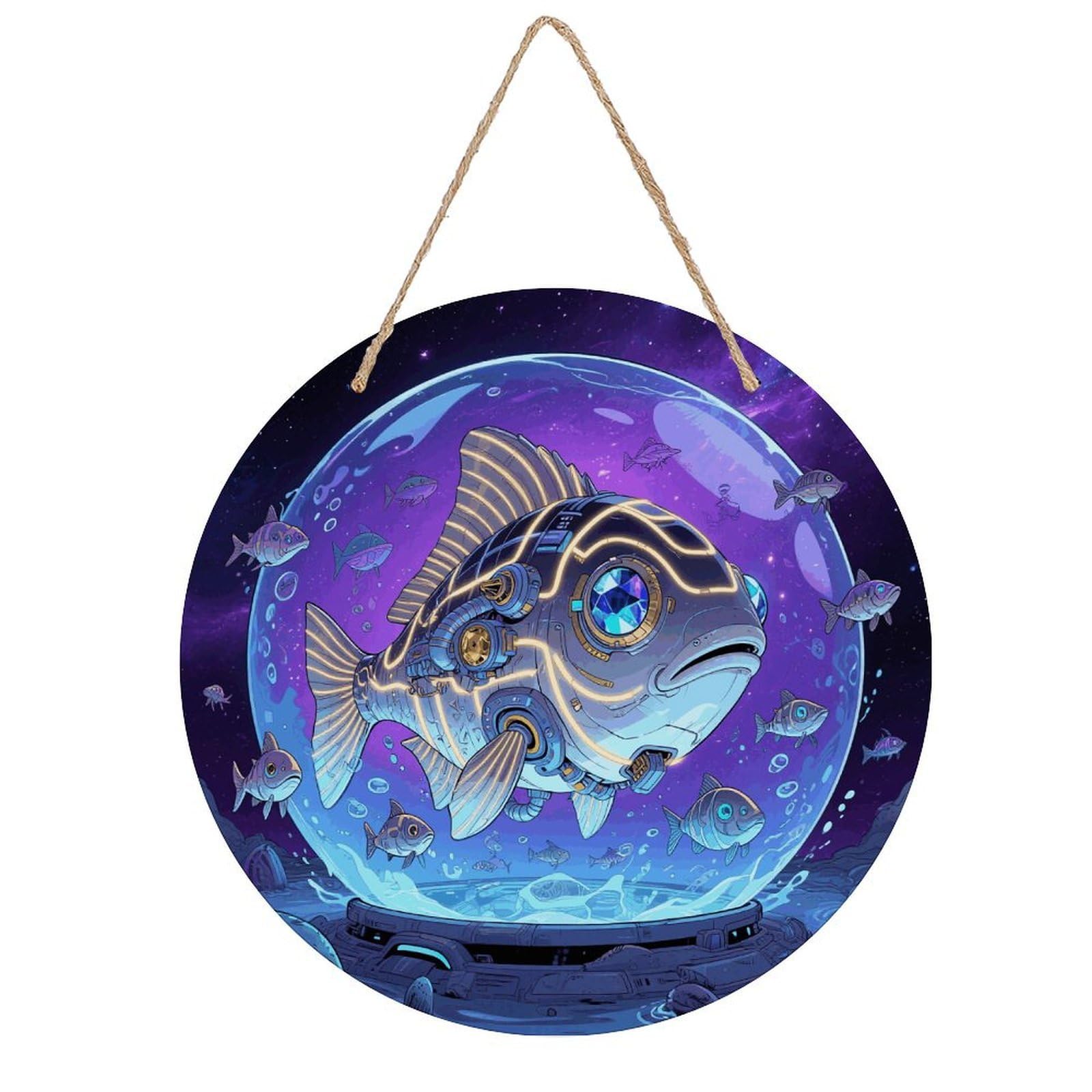 VstaDank Fish Wall Decor Round Wood Hanging Sign 7.9x7.9 in Wooden Circle Door Hanger with Ropes, Rustic Wall Art Decor for Home Front Door Indoor Outdoor Decoration