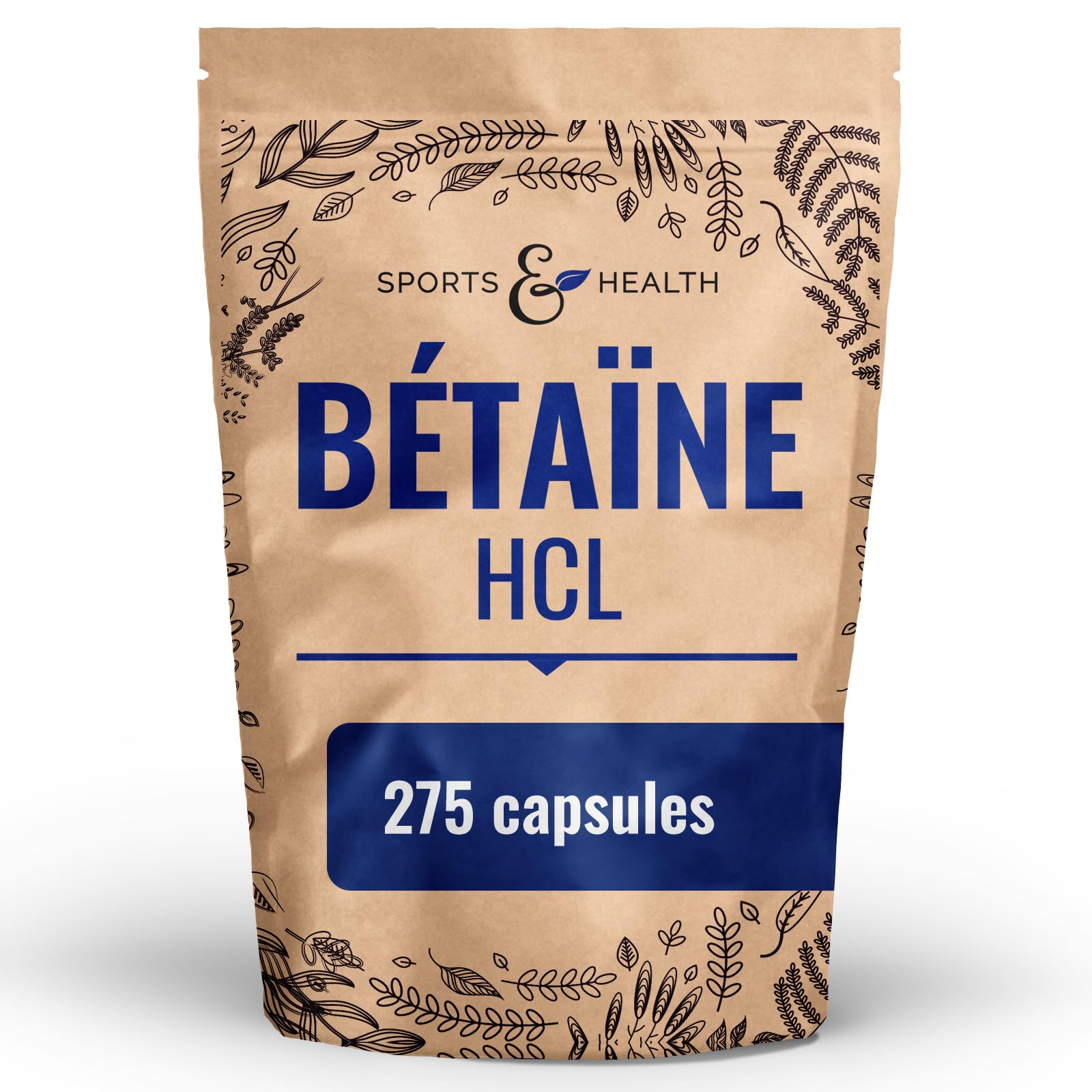 Gélules de bétaïne HCl – 275 gélules – 1400 mg par dose journalière – Bétaïne hydrochloride en poudre sous forme de gélules – Végan