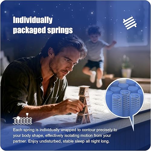 Miniatura 4 de Colchón de tamaño King de 80 x 76 x 12 pulgadas, algodón suave y transpirable, diseño ergonómico, resortes reforzados con bolsillos individuales,