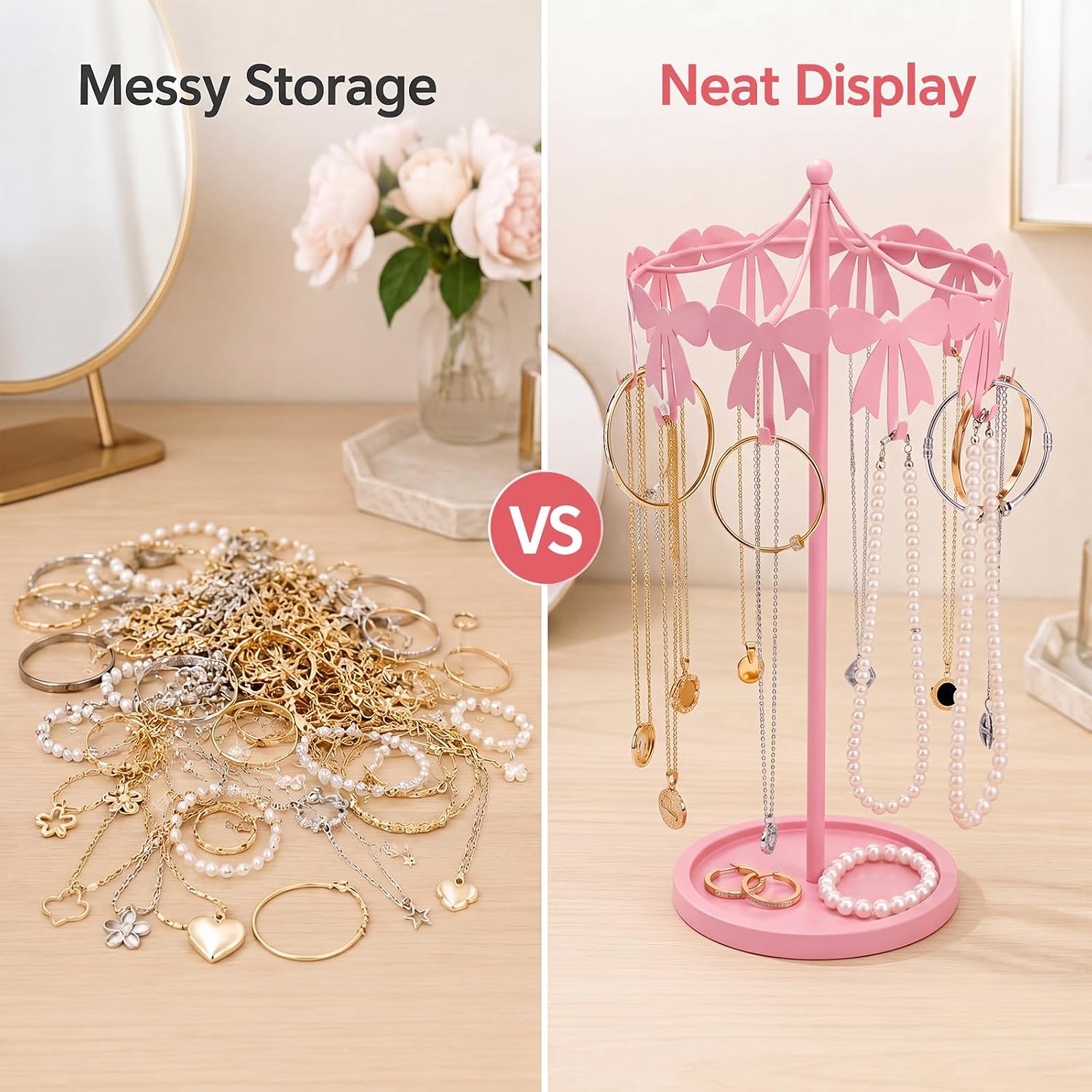 Sliner Pink Bow Necklace Display Holder Rotating Metal Table Jewelry Organizer Stand with 10 Hooks Coquettish Jewelry Towers Freestanding Carousel Hanger for Earrings Bracelets Necklaces Women