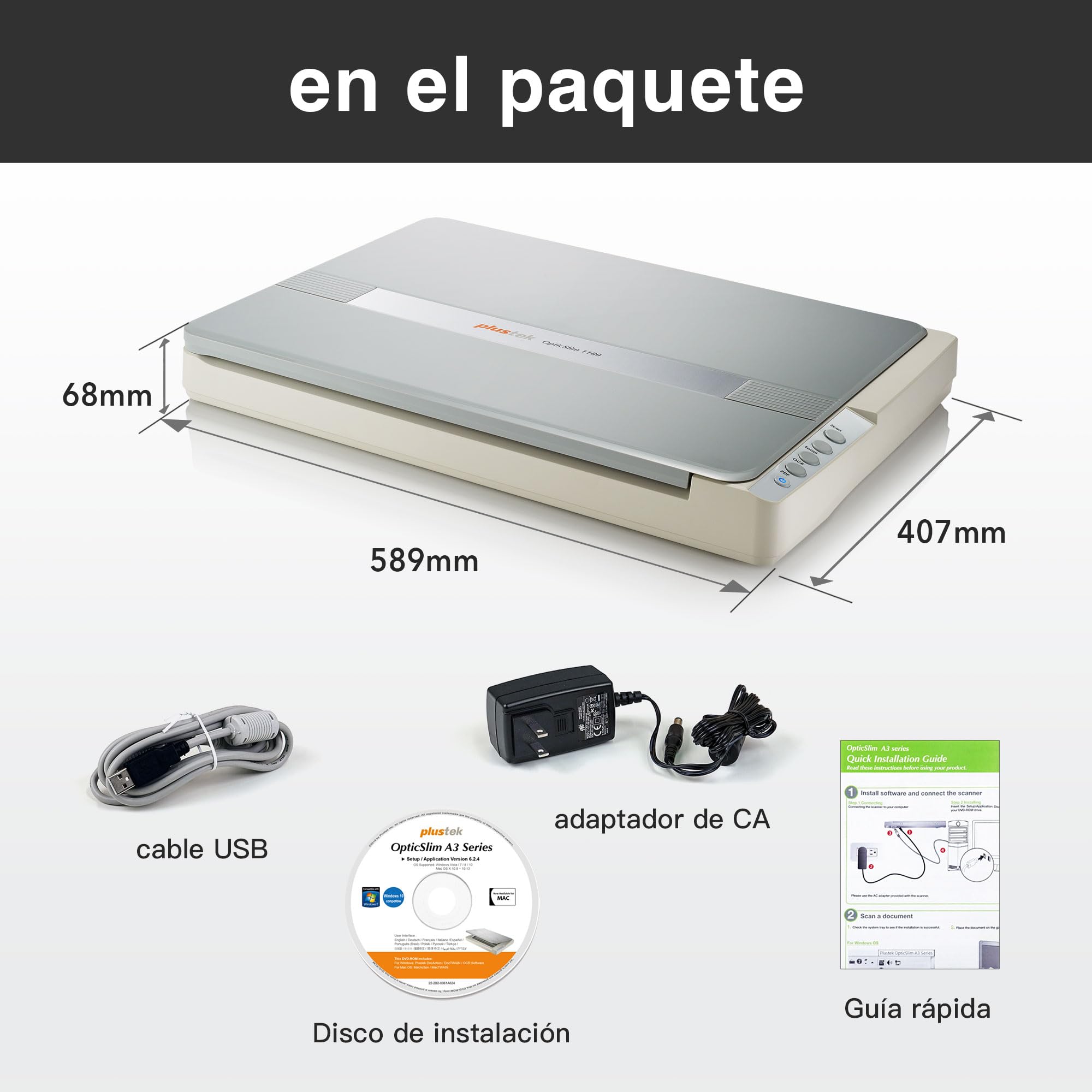 Plustek OS1180 Escáner Plano A3 para Gráficos y Documentos, Escaneo Rápido