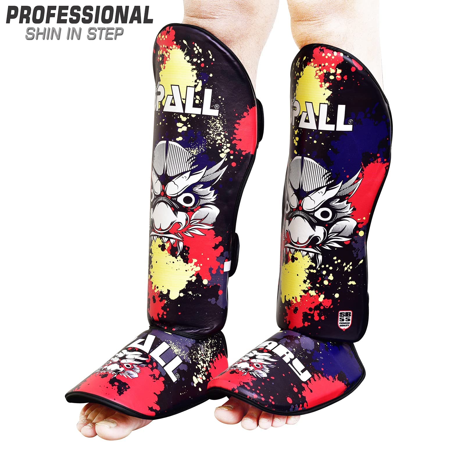 Spall Pro US Muay Thai Guards Shin Guards for Kickboxing Martial Arts BJJ Boxing Sparring with MMA Foot Protector Scary Blue