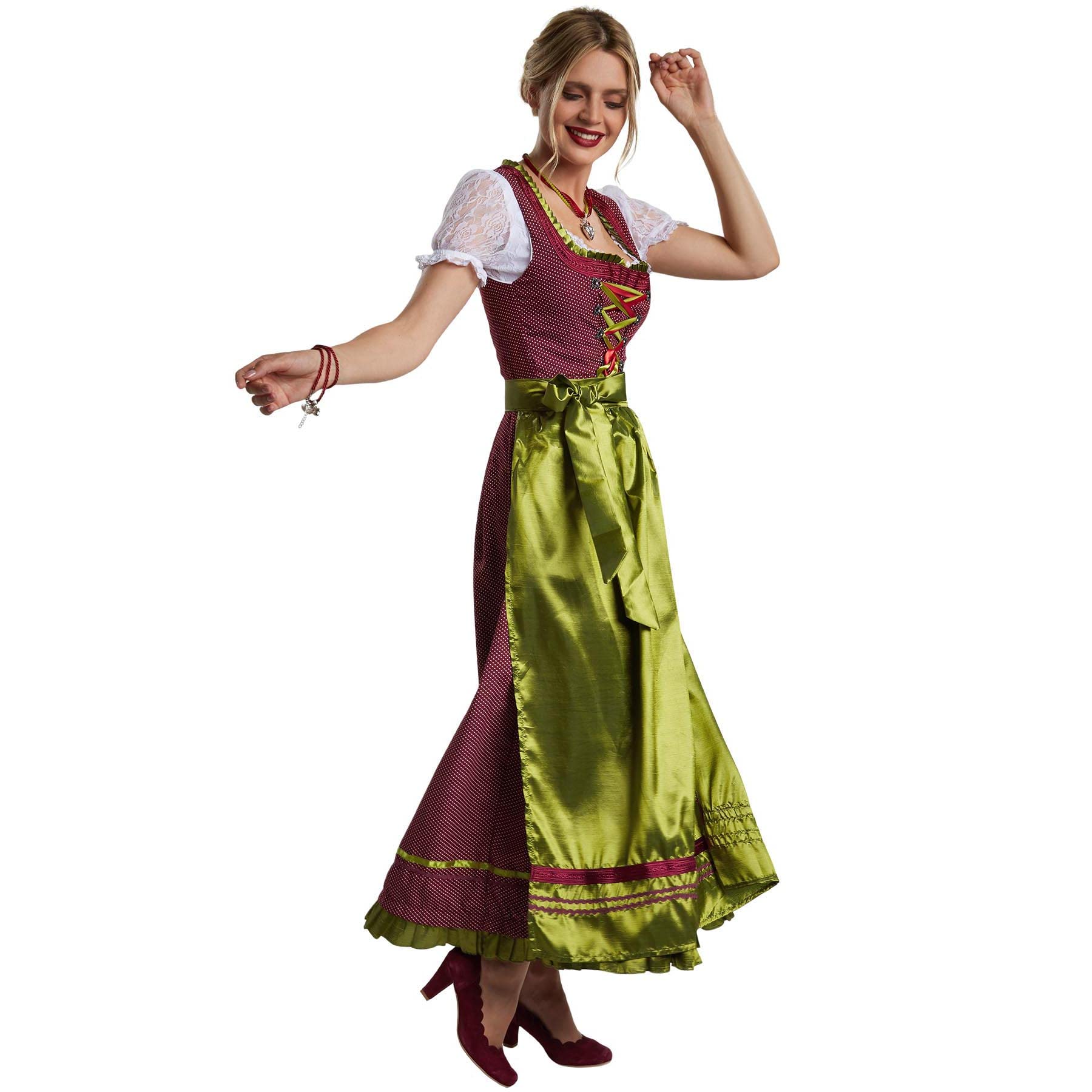 dressforfun Dirndl Damen Lang, Maxi Trachtenkleid mit Strasssteinen, feiner Schnürung, Rüschen-Ausschnitt und Zierborte, Trachtenrock Damen mit Schürze, Dirndl lang für Oktoberfest, rot/grün