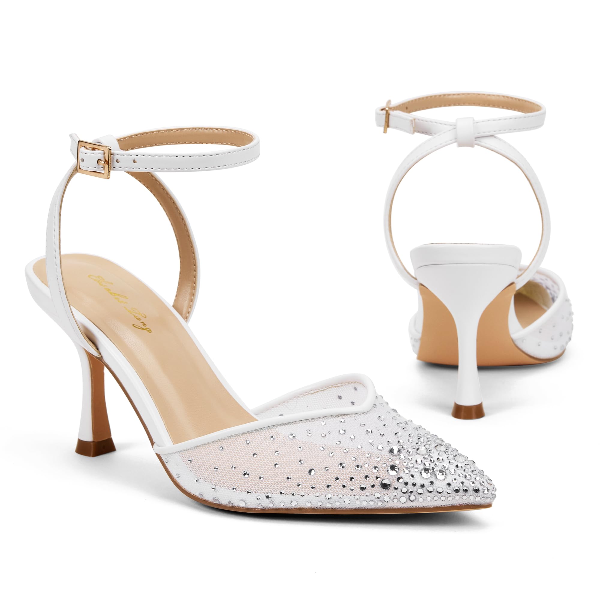 Zhabtuc Damen Tacchi 8 cm Strass Pumps Punta Spillo Mesh Glitter Cinturino Caviglia Slingback Kitten Heel Scarpe da Sera Matrimonio Sposa