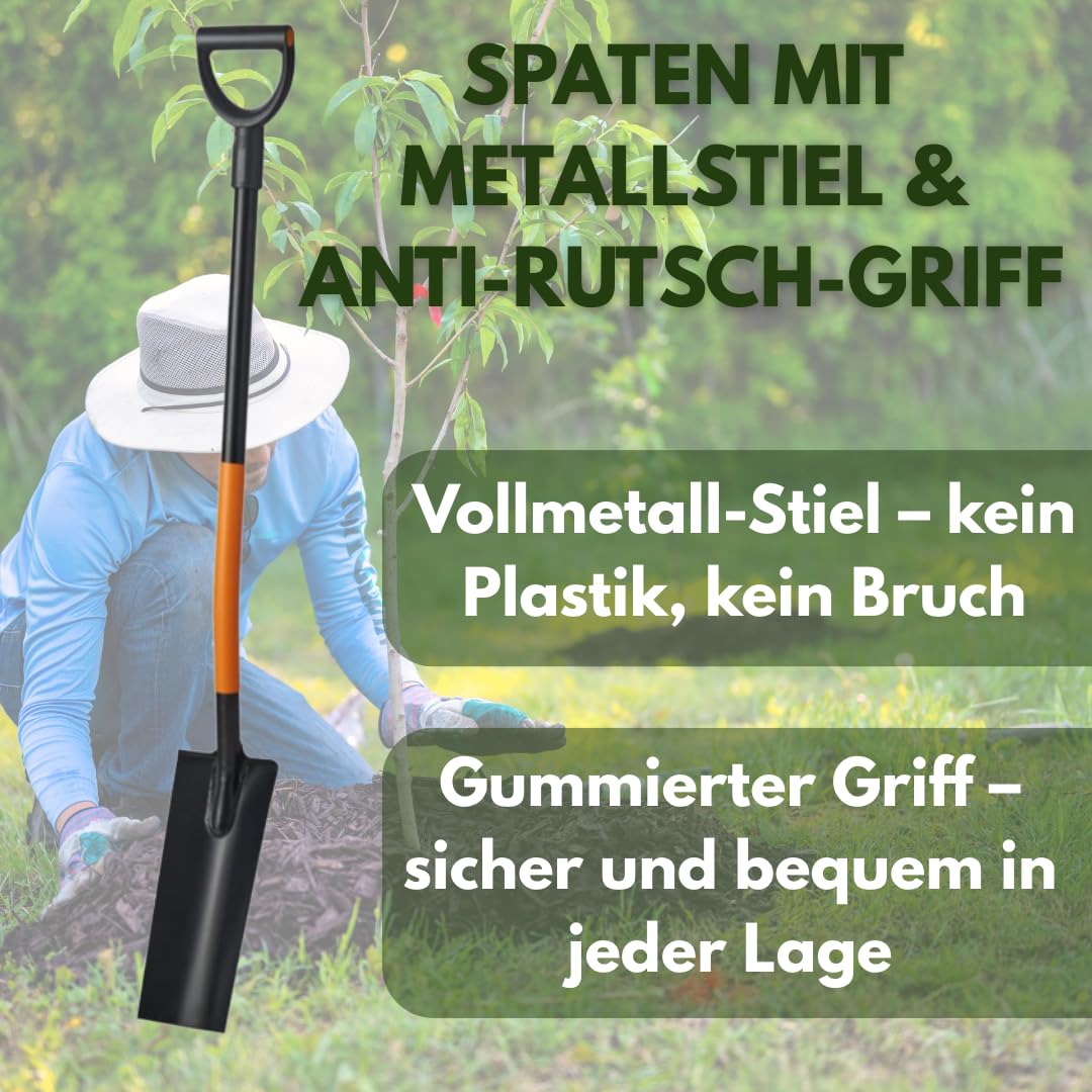 125cm Drainagespaten Spaten mit Metallstiel & Anti-Rutsch-Griff – Kanalspaten Kabelspaten– Für Garten, BAU & präzise Erdarbeiten, Hergestellt in EU