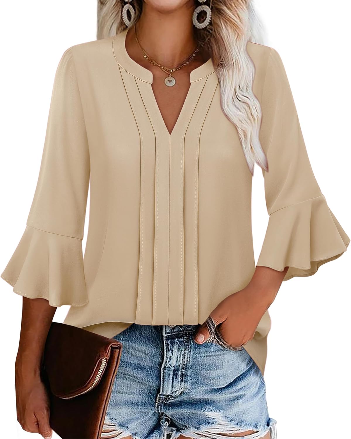 Youtalia Women's 3/4 Sleeve Tops Dressy Casual Business Work Blouses Chiffon Office Shirts Beige XX-Large